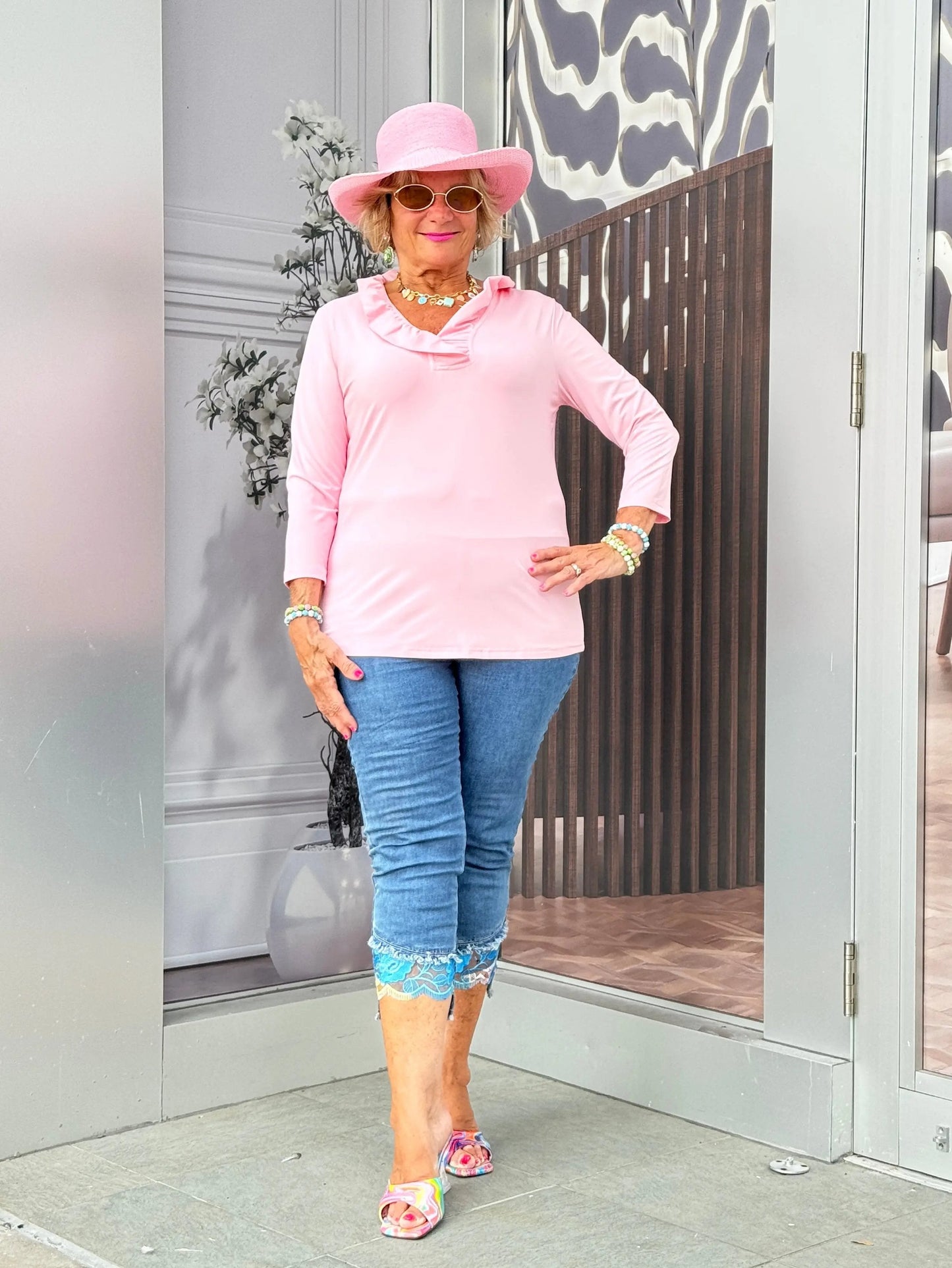 CLEAR PINK RUFFLE SLEEVE TOP