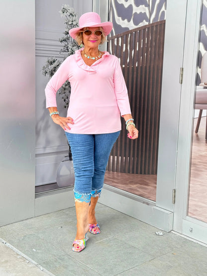 CLEAR PINK RUFFLE SLEEVE TOP