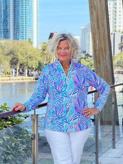 LULU B PALM ROYAL HALF ZIPPER TOP