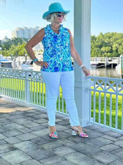 BLUE DREAMING HEARTS SLEEVELESS RUFFLE TOP
