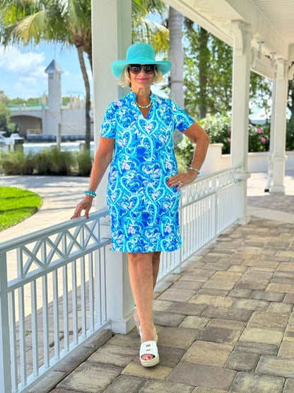 BLUE DREAMING HEARTS SHORT SLEEVE DRESS