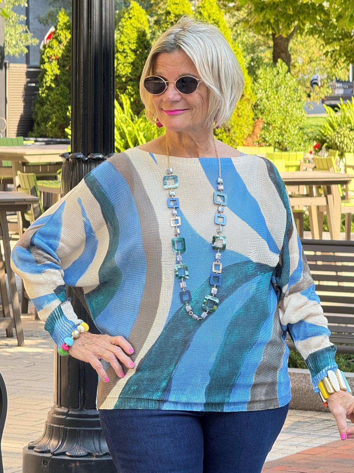 Green Abstract Round Knit Printed Sweate