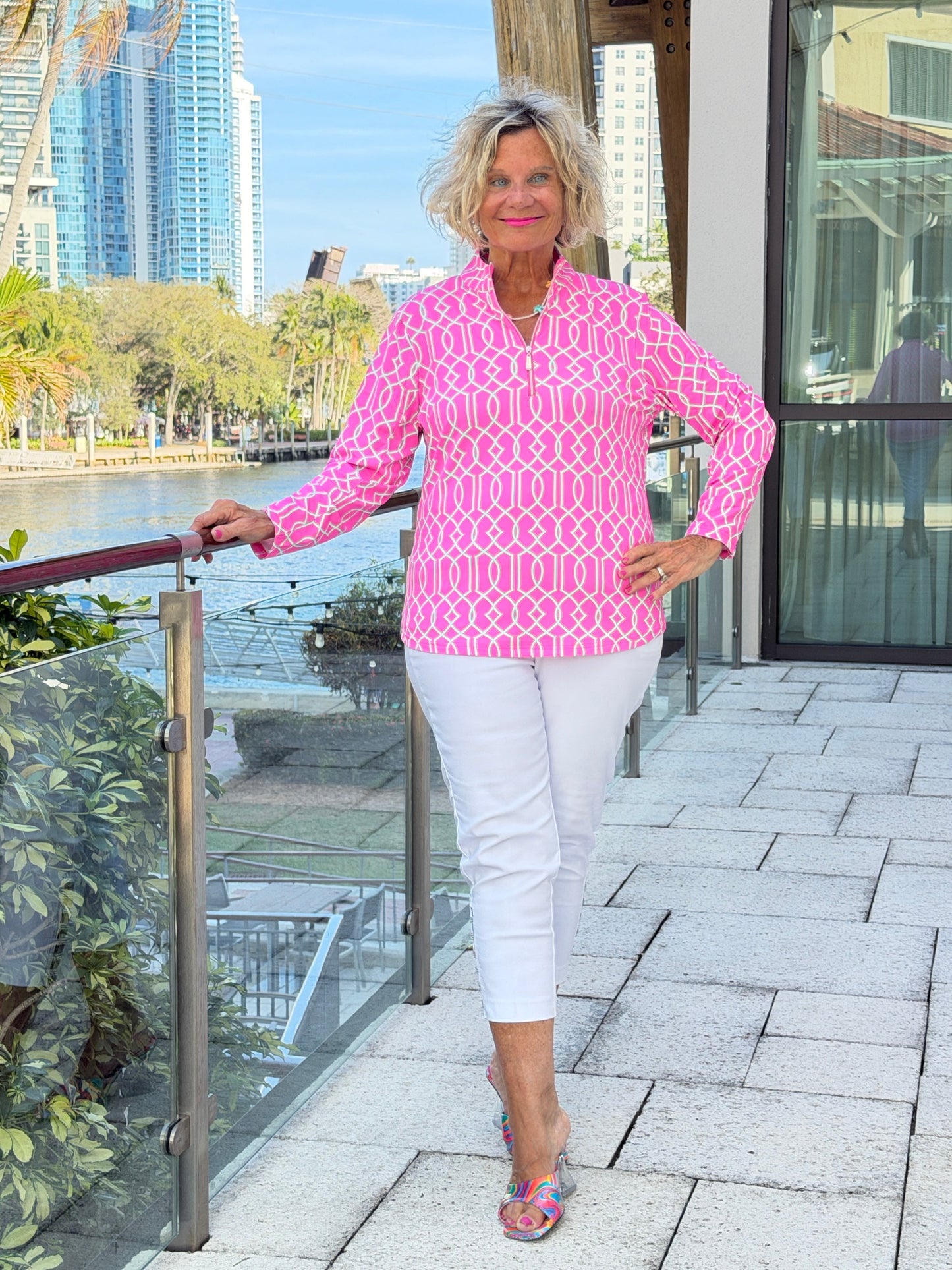 LULU B PALM BEACH LATTICE HALF ZIPPER TOP