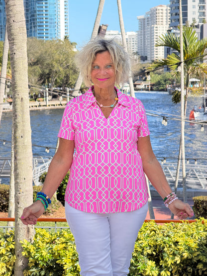 LULU B PALM BEACH LATTIC COLLAR SHORT SLEEVE