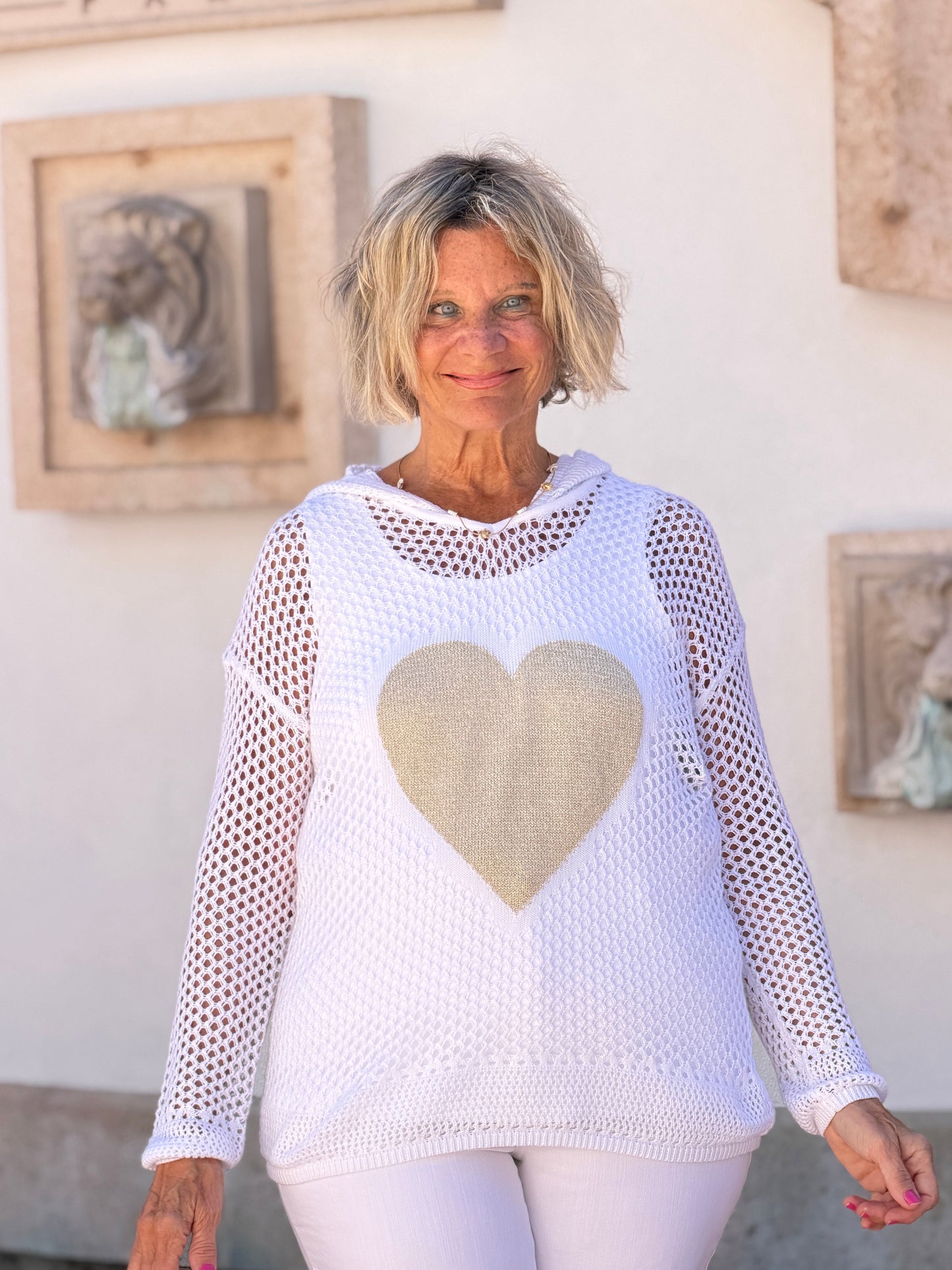 Fishnet Hoodie Sweater With Gold Heart - White