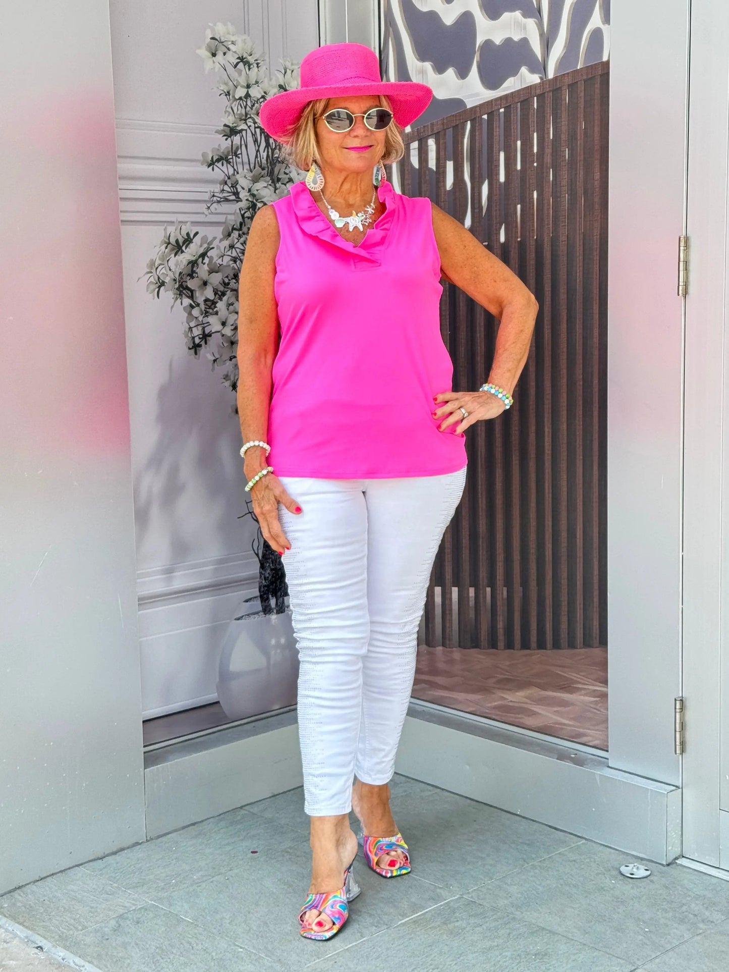 HOT PINK SLEEVELESS RUFFLE TOP