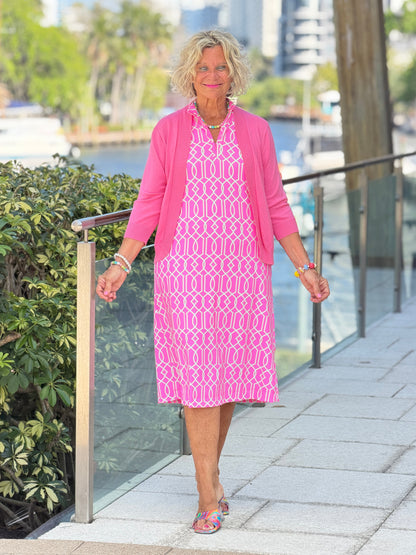LULU B PALM BEACH LATTICE HALF ZIPPER MIDDY DRESS