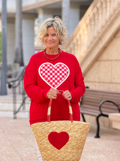 Faux Straw Heart Tote BAg