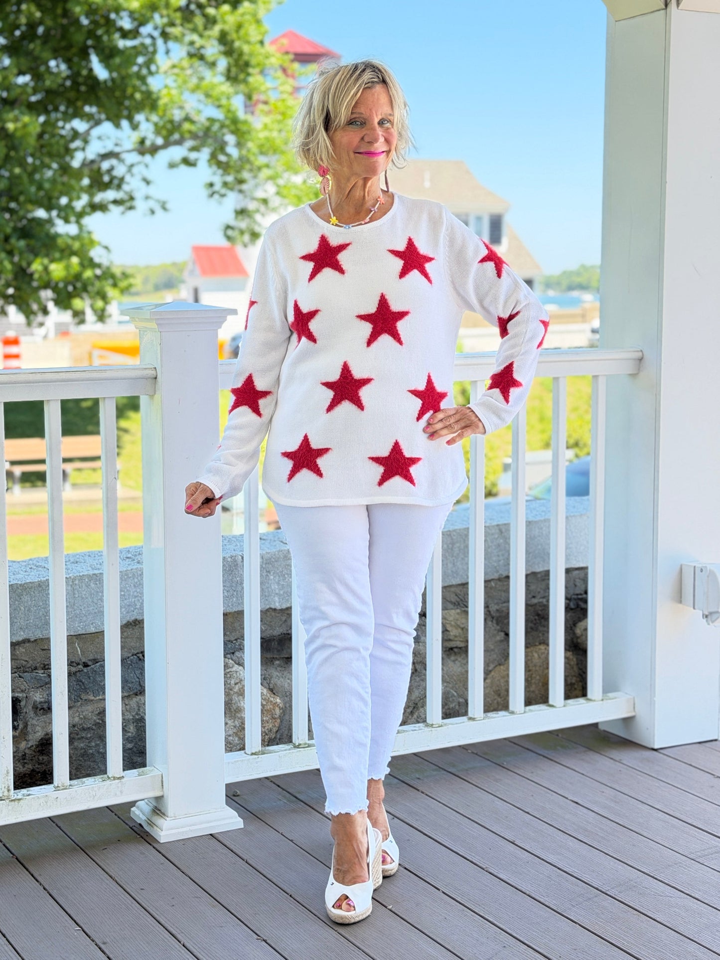 LULU B DOCKSIDE WHITE RED STAR FUZZY SWEATER