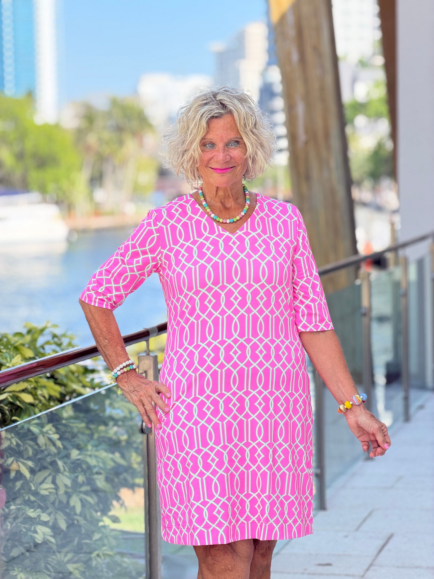 LULU B PALM BEACH LATTICE ELBOW DRESS