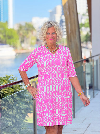 LULU B PALM BEACH LATTICE ELBOW DRESS