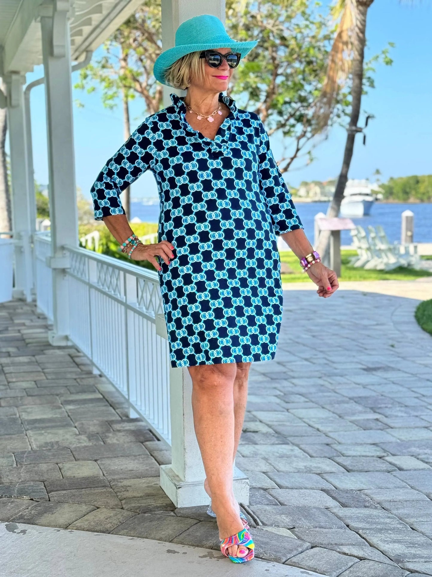 BLUE MEDALLION SLEEVE RUFFLE NECK DRESS