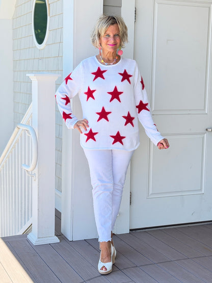 LULU B DOCKSIDE WHITE RED STAR FUZZY SWEATER