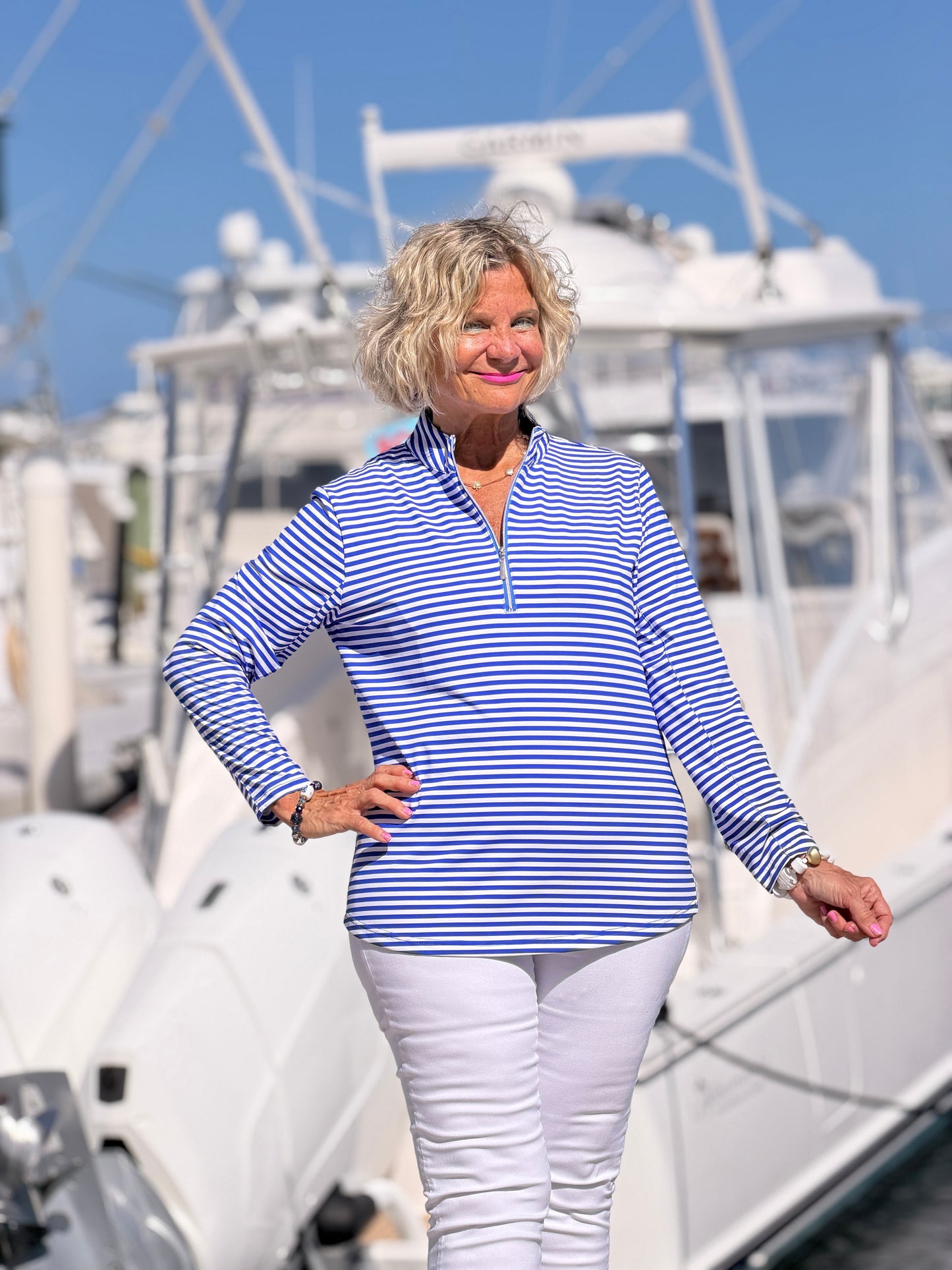 HARBOR BLUE STRIPED HALF ZIPPER TOP