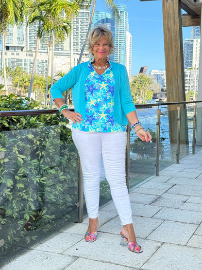 LULU B STARFISH SPLASH SLEEVELESS RUFFLE TOP