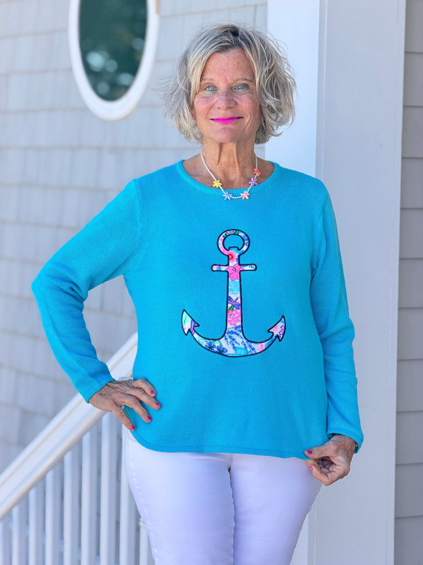 BEACH CLUB AQUA CAPE COD ANCHOR SWEATER