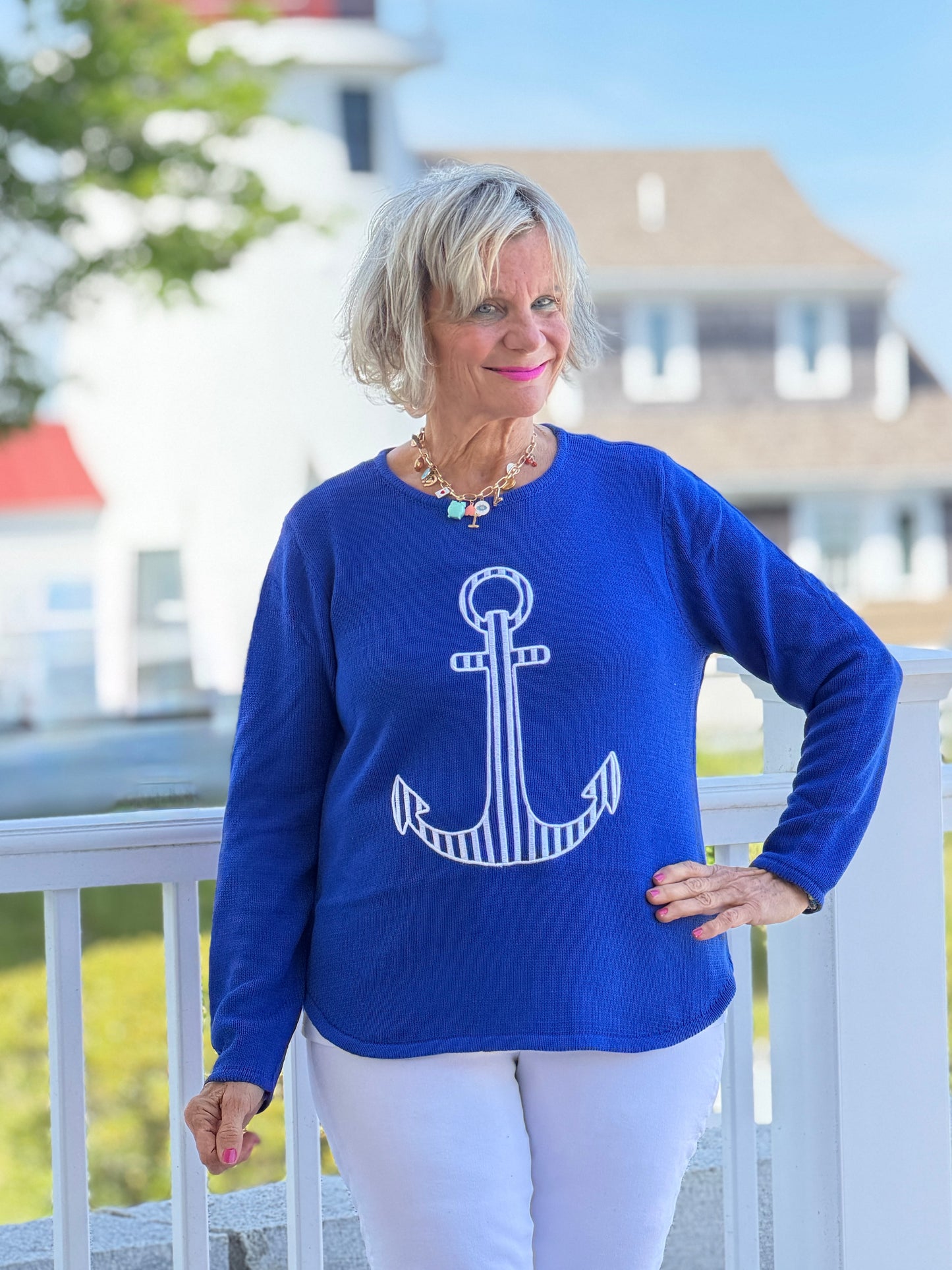 DOCKSIDE NAUTICAL COBALT STRIPE ANCHOR SWEATER