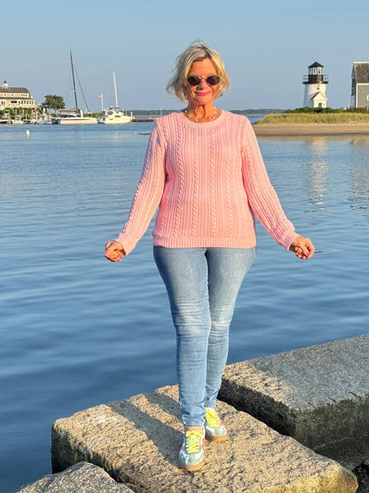 Cable-Knit Cotton PINK CREW Neck Sweater
