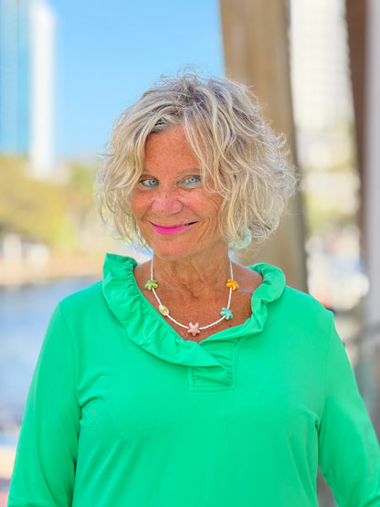 COASTAL GREEN RUFFLE SLEEVE TOP