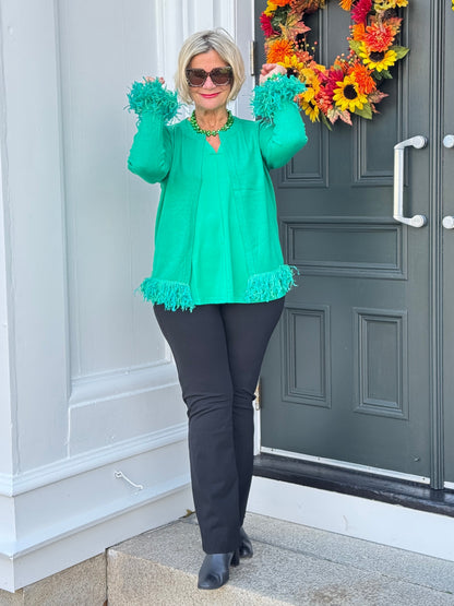LULU-B EMERALD CASHMERE FRINGE FANCY CARDIGAN
