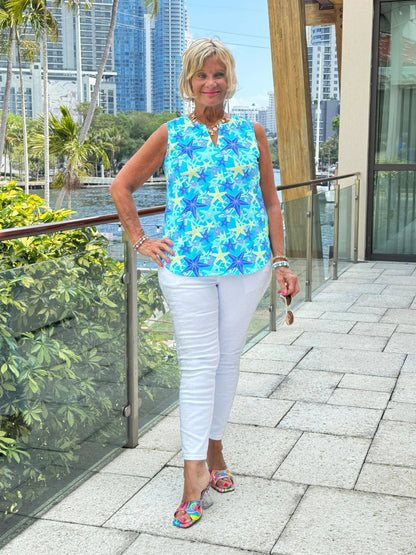 LULU B STARFISH SPLASH SLEEVELESS V NECK TOP