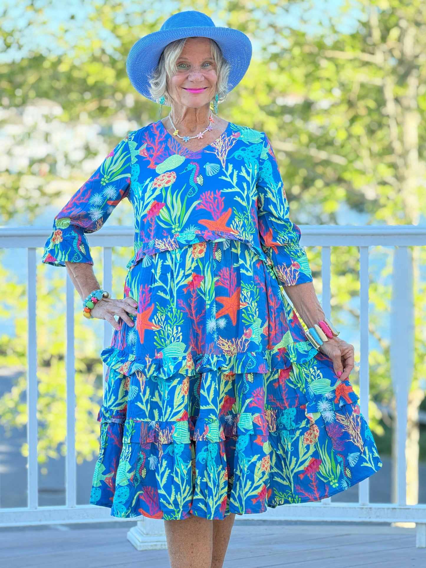 CORAL GARDEN RUFFLE V Neck DRESS