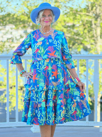 CORAL GARDEN RUFFLE V Neck DRESS