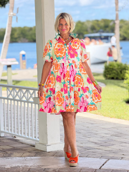 Fashion-W Floral Short Sleeve Buttoned Babydoll BOHO Dress