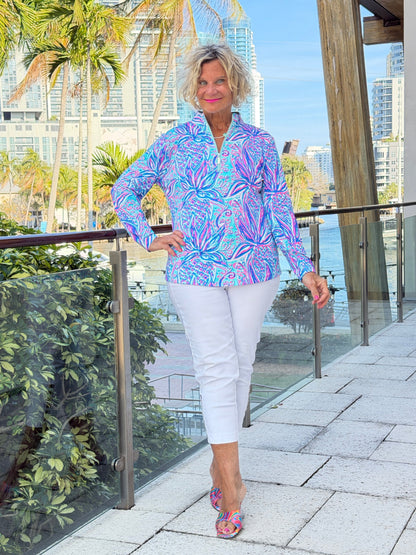 LULU B PALM ROYAL HALF ZIPPER TOP