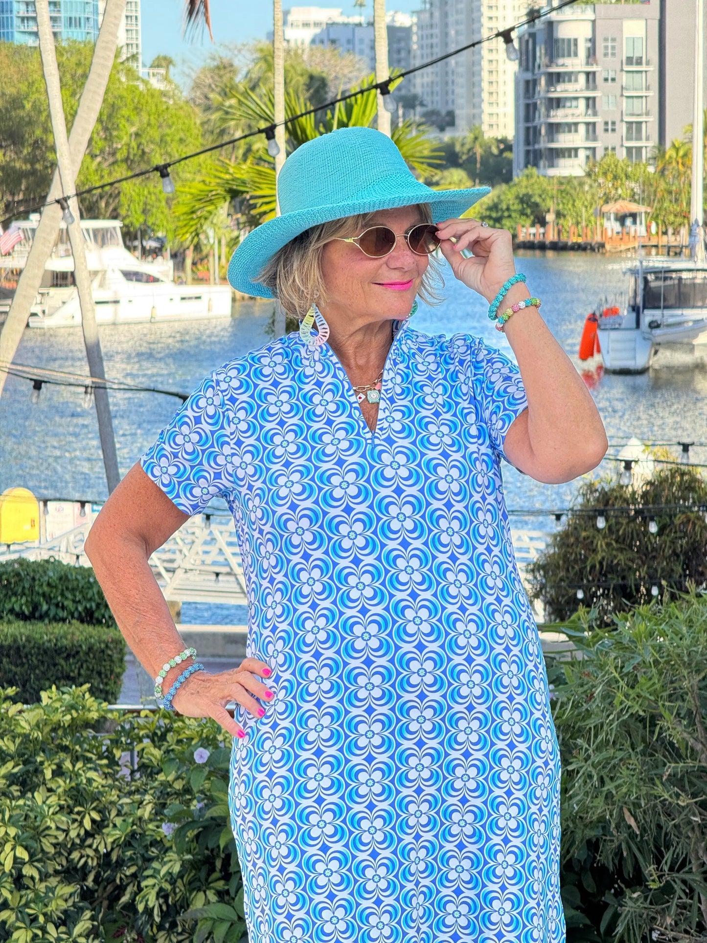 LULU B COASTAL BLOOM HALF ZIPPER SHORT SLEEVE DRESS