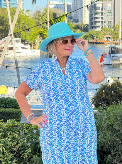 LULU B COASTAL BLOOM HALF ZIPPER SHORT SLEEVE DRESS