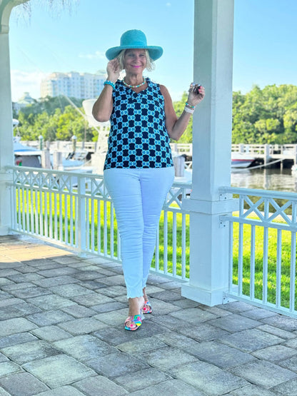 BLUE MEDALLION SLEEVELESS RUFFLE TOP