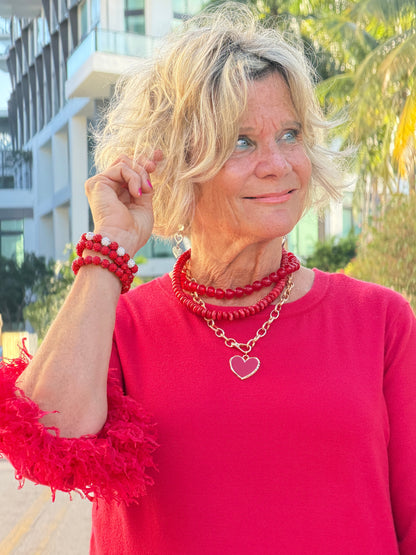 Enamel Heart Pendant Accent Chunky Beaded Layered Statement Necklace