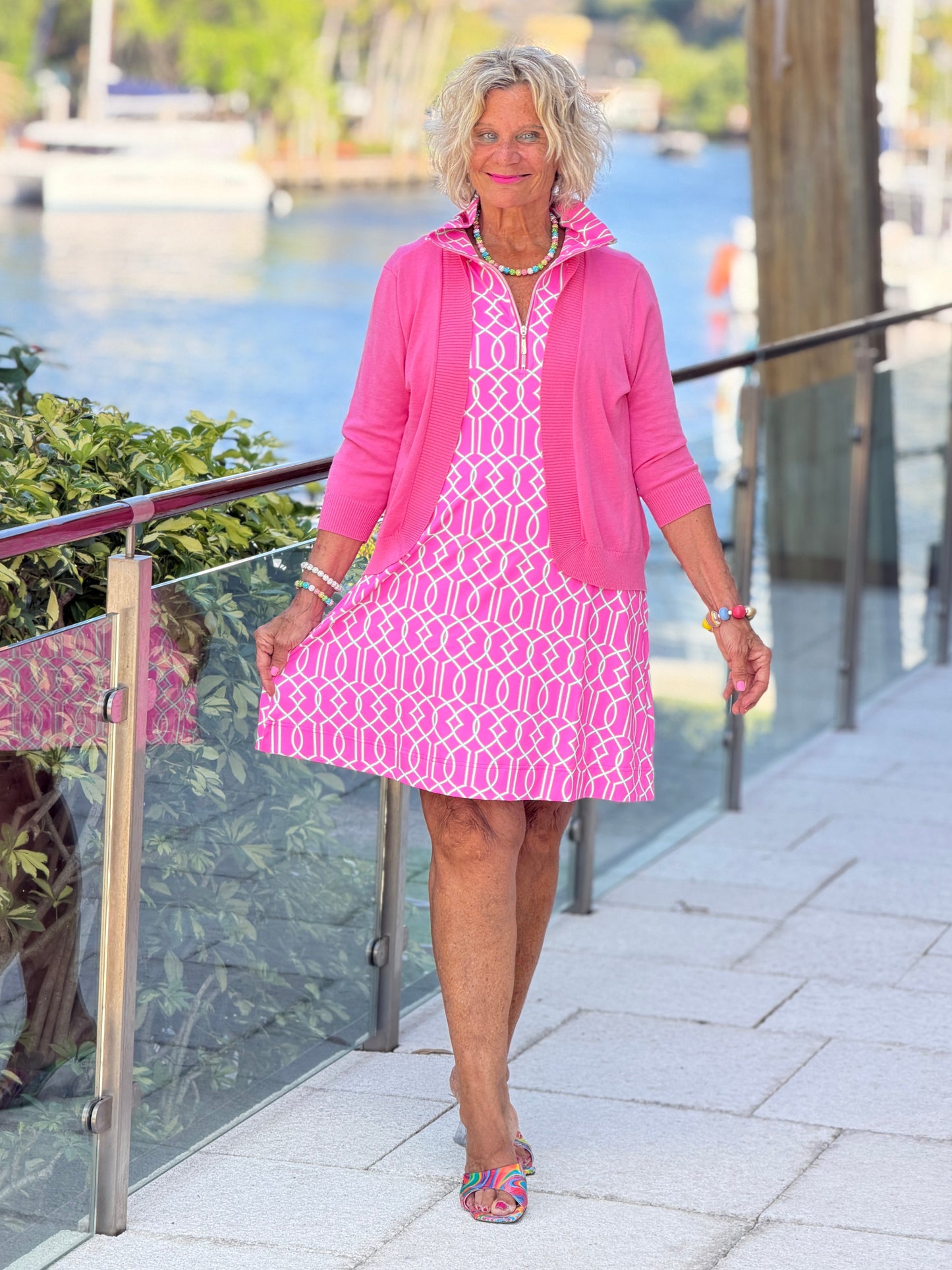 LULU B PALM BEACH LATTICE HALF ZIPPER DRESS