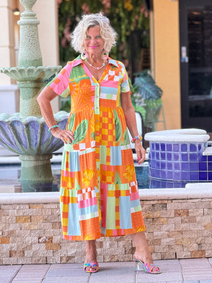 Casual Bohemian ORANGE high-waisted color contrast dress