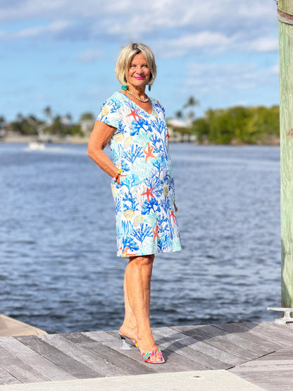 CORAL REEEF V NECK SLEEVE UPF + 50 DRESS