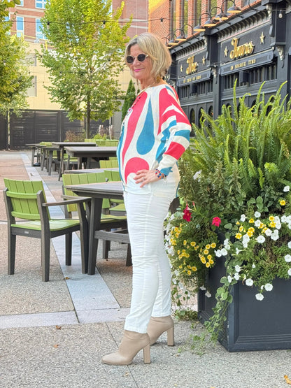 Beige Heart Round Knit Printed Sweater