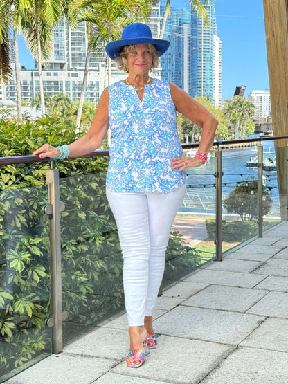 LULU B COASTAL BLOOM SLEEVELESS V NECK TOP