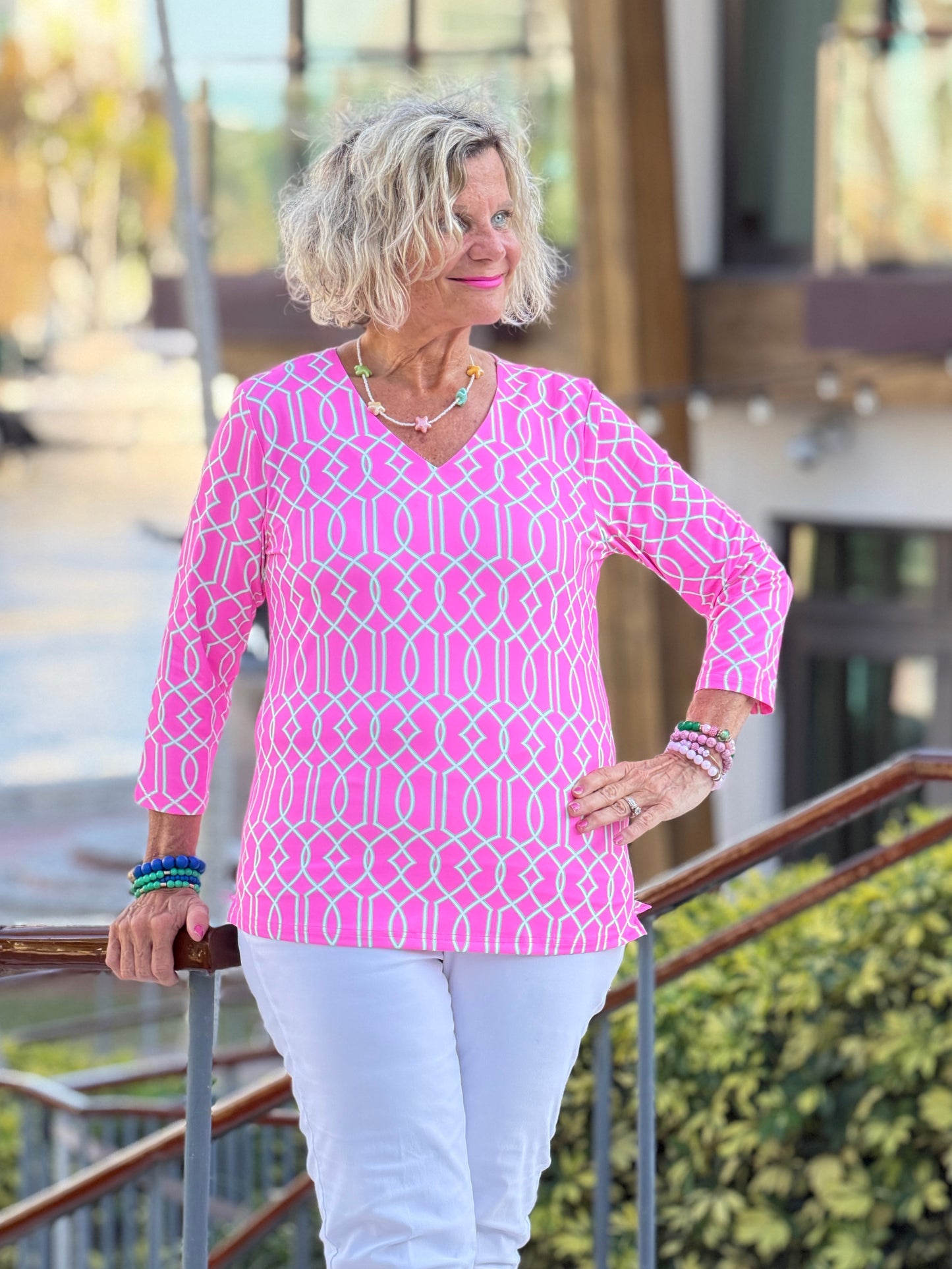 LLULU B PALM BEACH LATTICE V NECK TOP