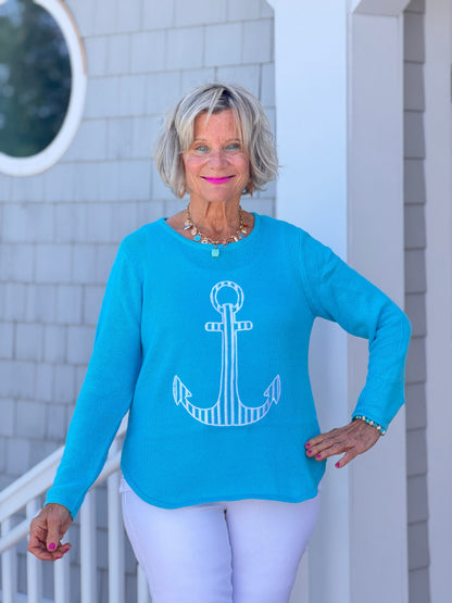 DOCKSIDE NAUTICAL AQUA STRIPE ANCHOR SWEATER