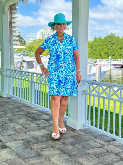 BLUE DREAMING HEARTS SHORT SLEEVE DRESS