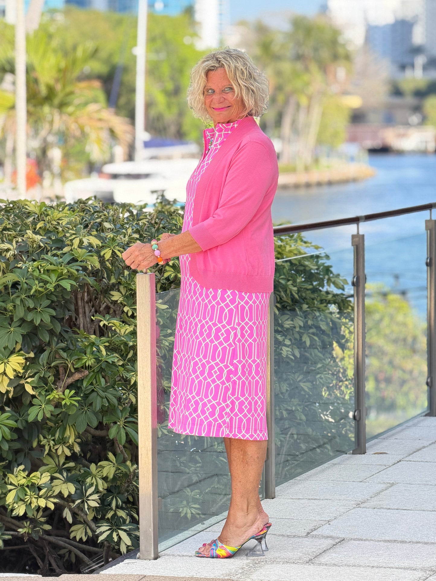 LULU B PALM BEACH LATTICE HALF ZIPPER MIDDY DRESS