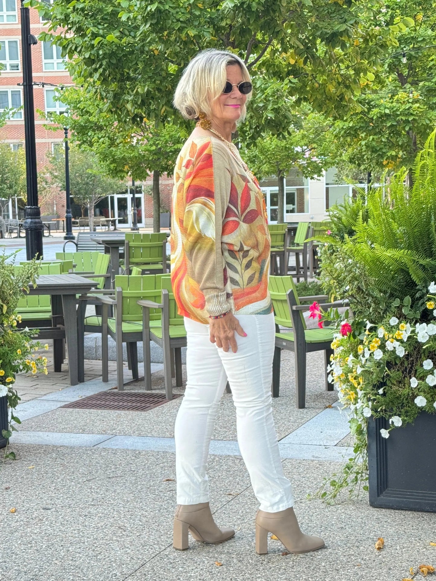 Cream Fall Leaves Round Neck Knit Printed Sweater