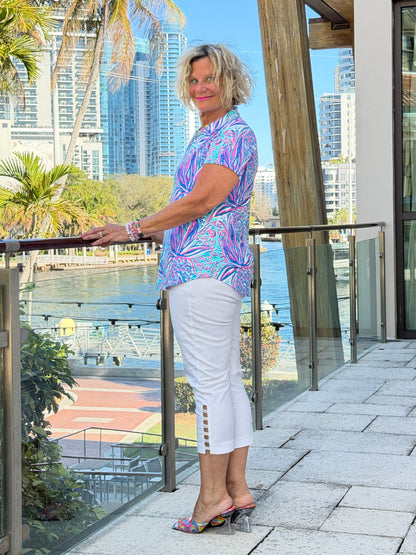 LULU B PALM ROYALE SHORT SLEEVE COLLAR TOP