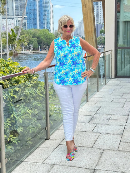 LULU B STARFISH SPLASH SLEEVELESS V NECK TOP