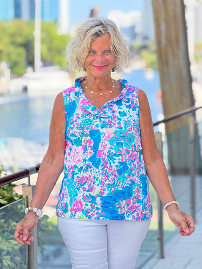 LULU B PALM BEACH SPLASH SLEEVELESS RUFFLE