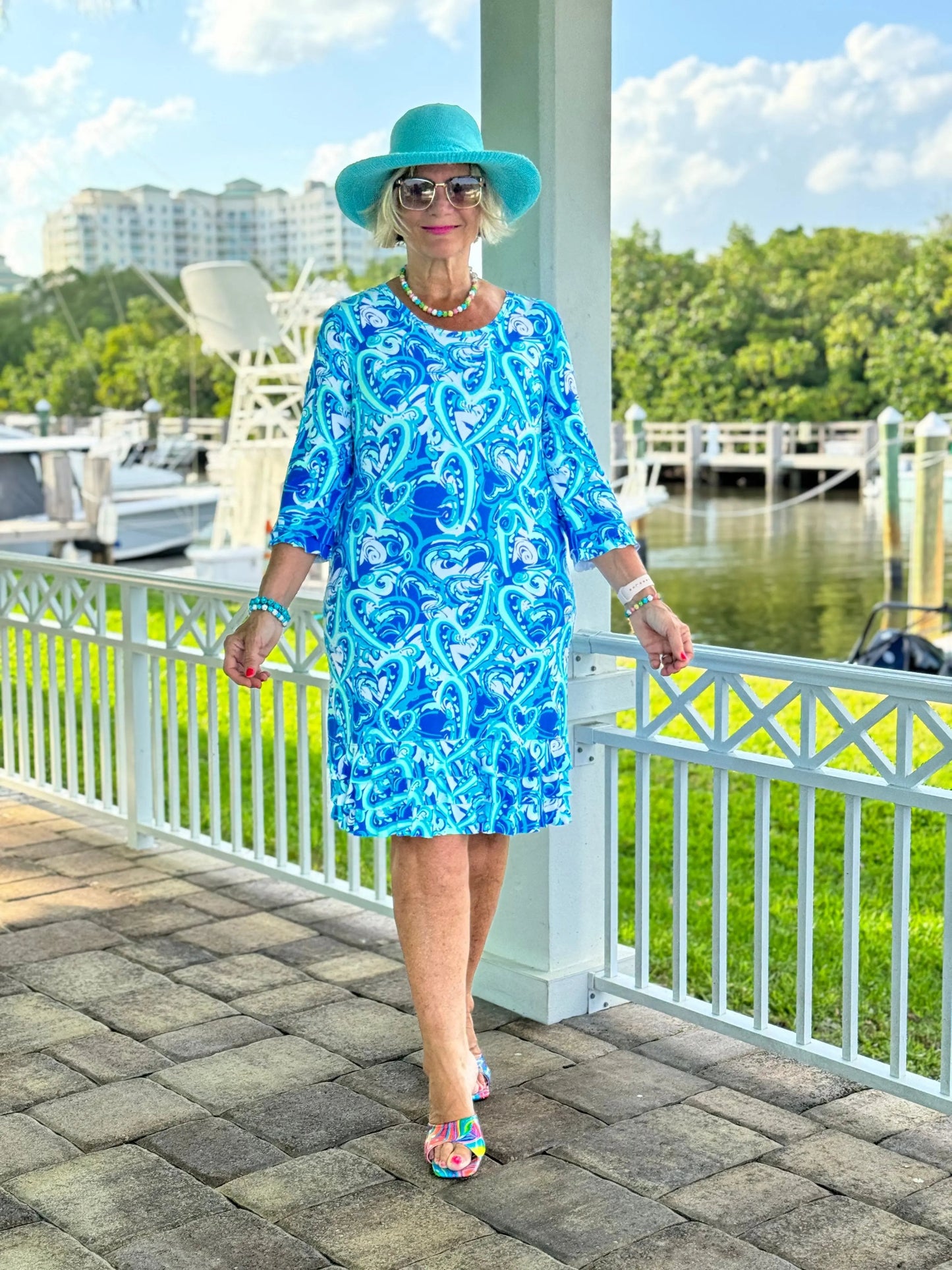 BLUE DREAMING HEARTS RUFFLE SLEEVE DRESS