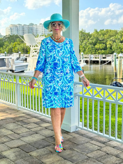 BLUE DREAMING HEARTS RUFFLE SLEEVE DRESS