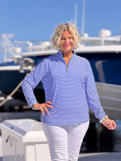 HARBOR BLUE STRIPED HALF ZIPPER TOP