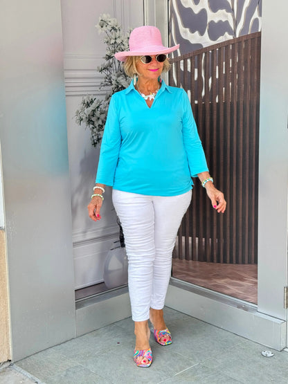LULU-B SOLID AQUA COLLAR SLEEVE TOP